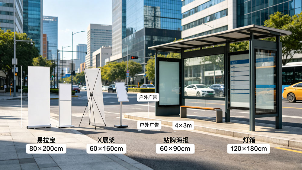 各类海报展架尺寸对比示意图